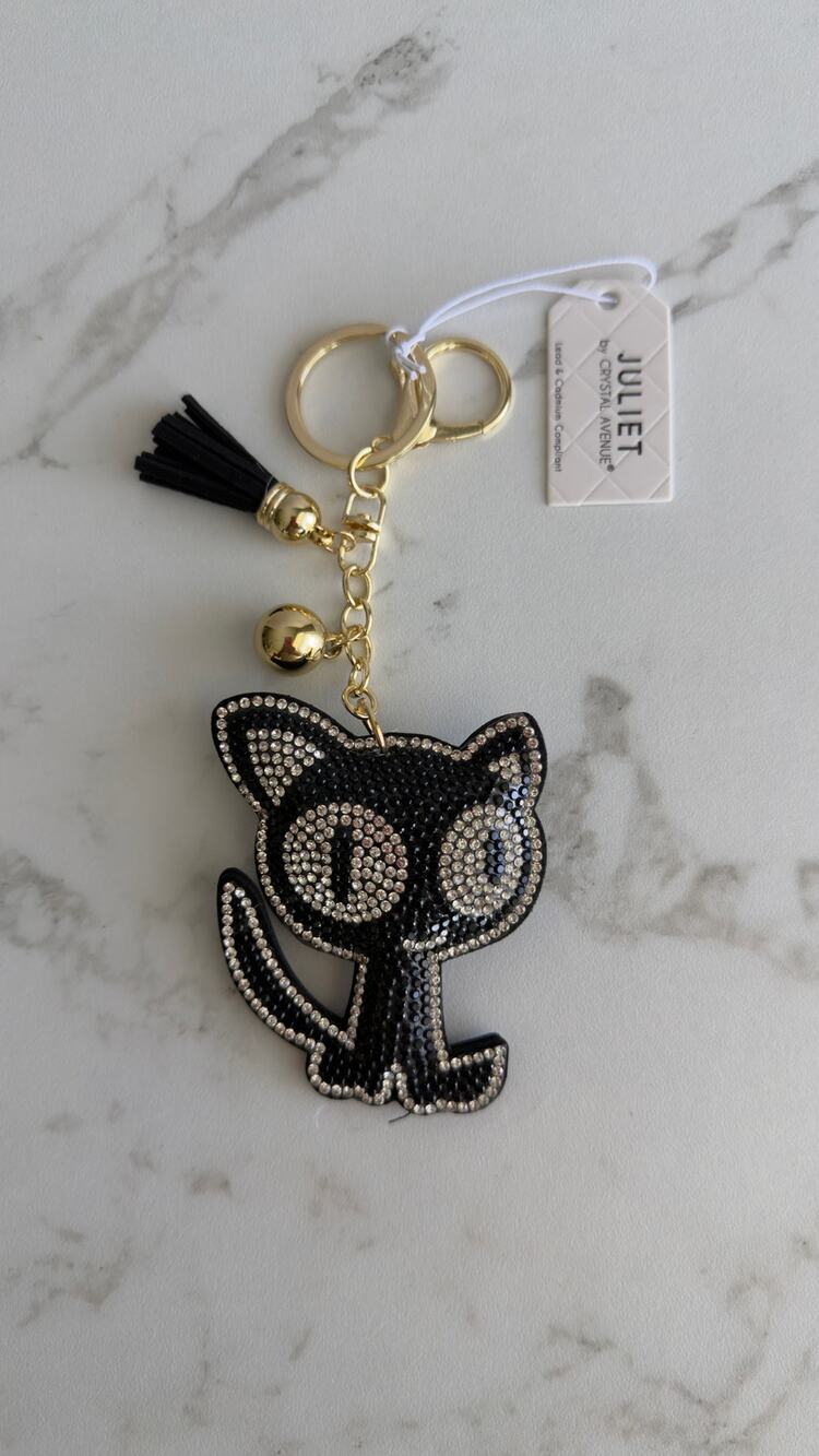 Juliet Crystal Avenue Rhinestone Black Cat Keychain Bag Charm NWT